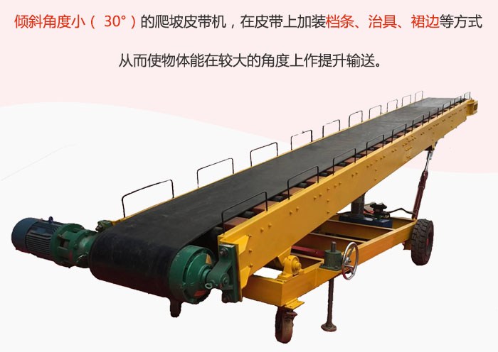 傾斜角度小（ 30°）的爬坡皮帶機(jī)，在皮帶上加裝檔條、治具、裙邊等方式從而使物體能在較大的角度上作提升輸送。